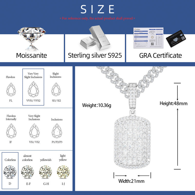 The Grid | Full Iced Blinged Out Princess Cut Solid Silver Moissanite Diamond Dog Tag Pendant