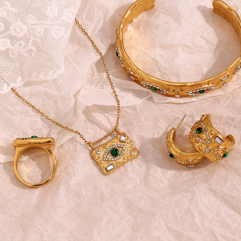 18k Gold Waterproof Malachite Eye CZ Open Bracelet Stainless Steel Ring Bracelet Jewelry Set