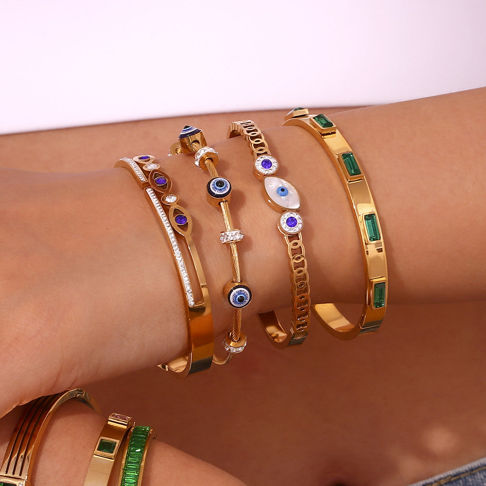 Ladies Waterproof 18k Gold Stainless Steel Shell Demon Eye Blue Eyes Hollow CZ Bracelets