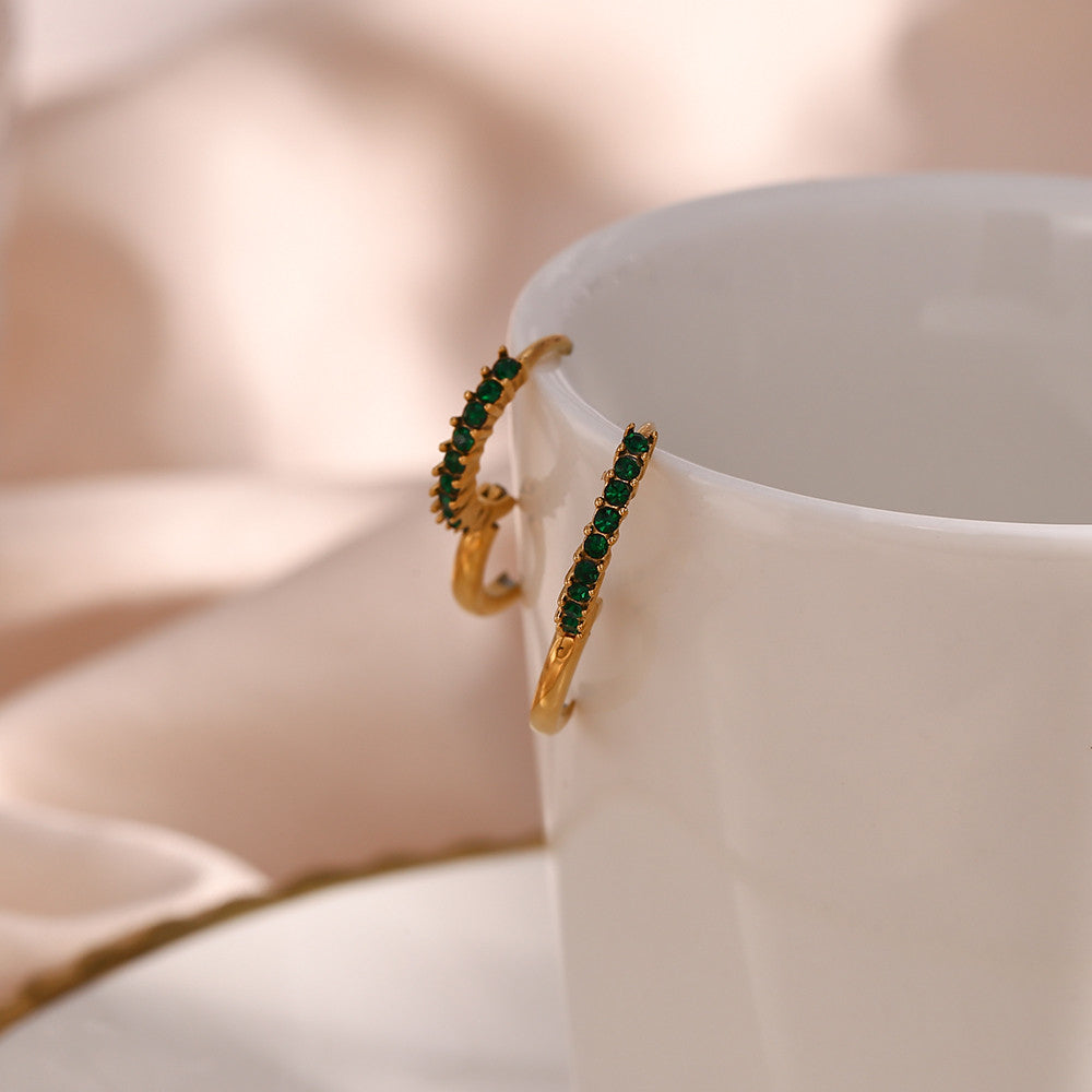 18k Gold over Stianless Steel Waterproof Green Round CZ Paved Huggie Hoop Earrings