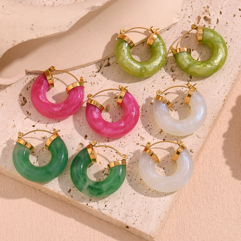 Ladies Acrylic Green Pink White Chunky 18k Gold Stainless Steel Acrylic Hoop Earrings