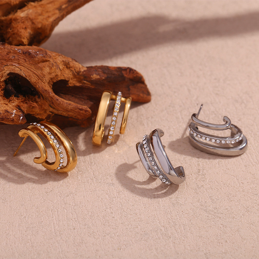18k Gold Three layer C-shaped CZ Stone Stainless Steel Tarnish Free Earrings