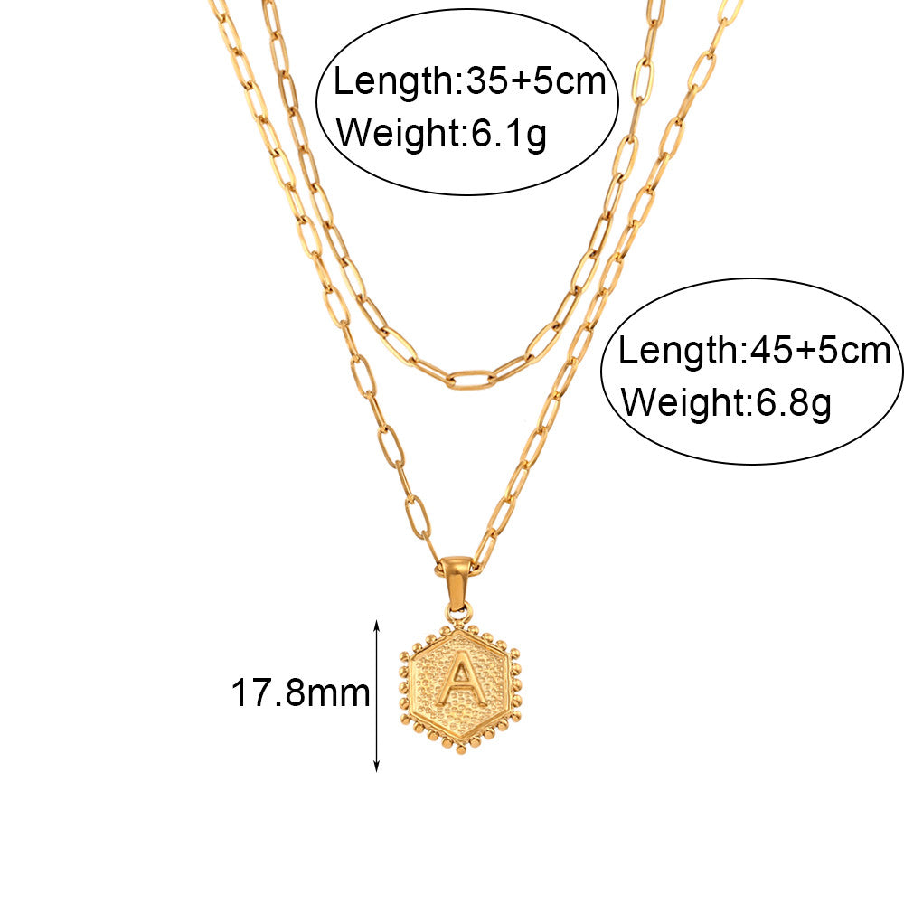 Ladies 18k Gold Hexagonal Shape A-Z Alphabet Letters Hip Hop Chain Pendant Necklaces