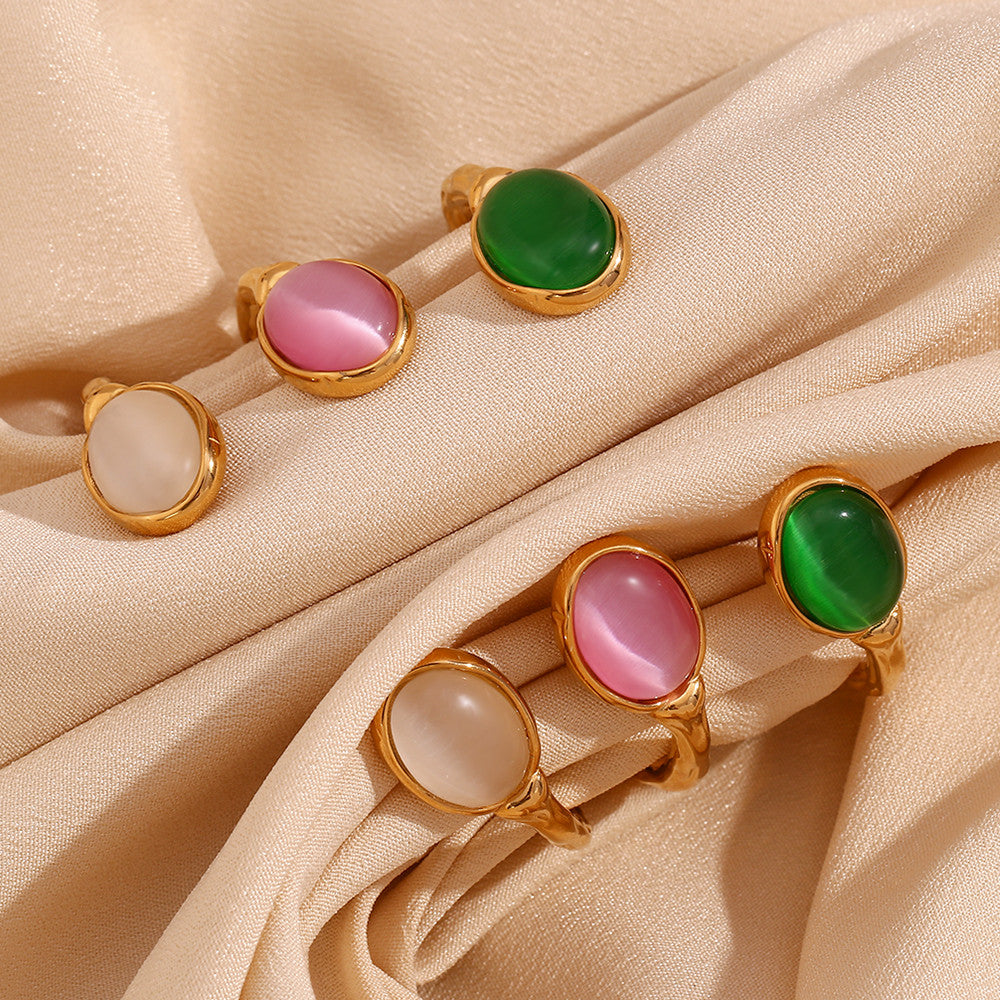 18k Gold Stainless Steel Oval Natural Stone Open Irregular Green Agate Crystal Bracelets