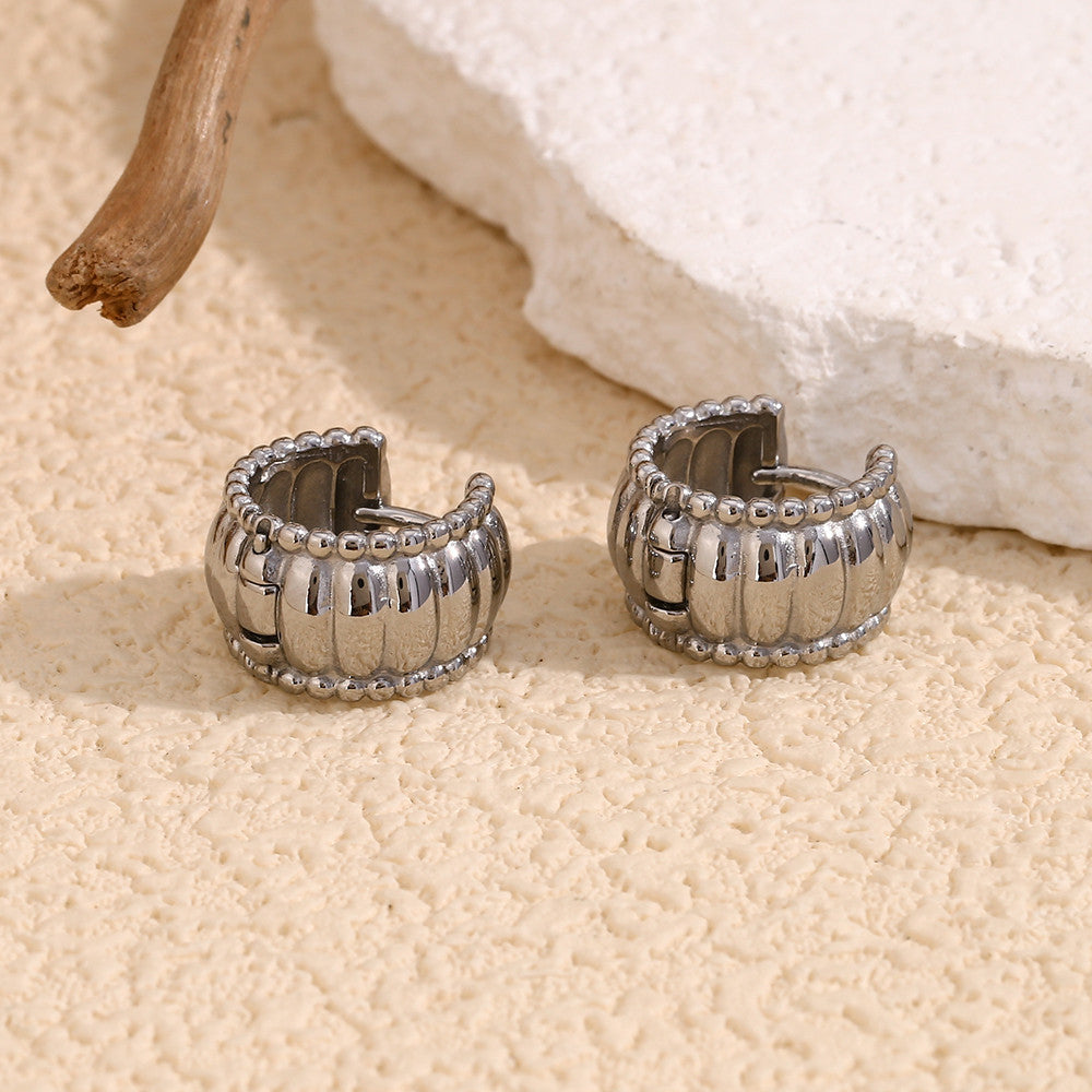 Ladies Beads Edge 18k Gold Stainless Steel Thread Pattern Round Hoop Earrings