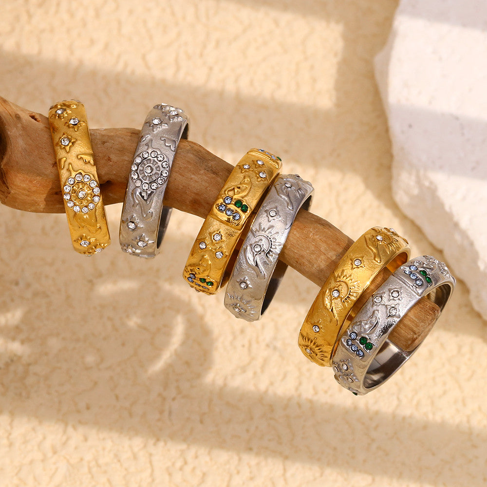 18k Gold Solid Stainless Steel Tarot Cards Waterproof CZ Bling Rings