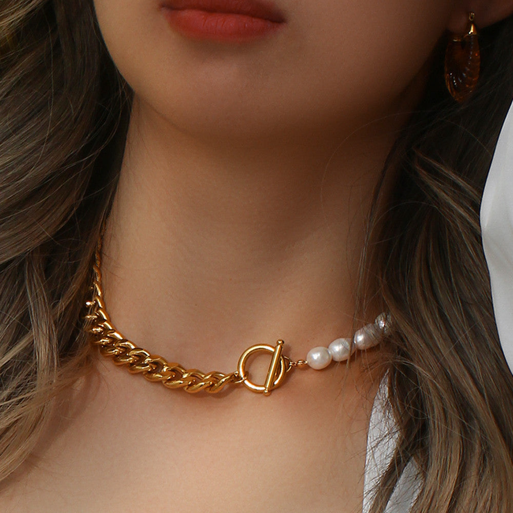 18k Gold Stainless Steel Chunky Natural Freshwater Pearl Cuban Chain Choker Necklaces