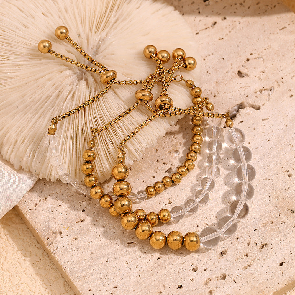 18k Gold Waterproof Clear Acrylic Half Stainless Steel Beads Adjustable Bracelet