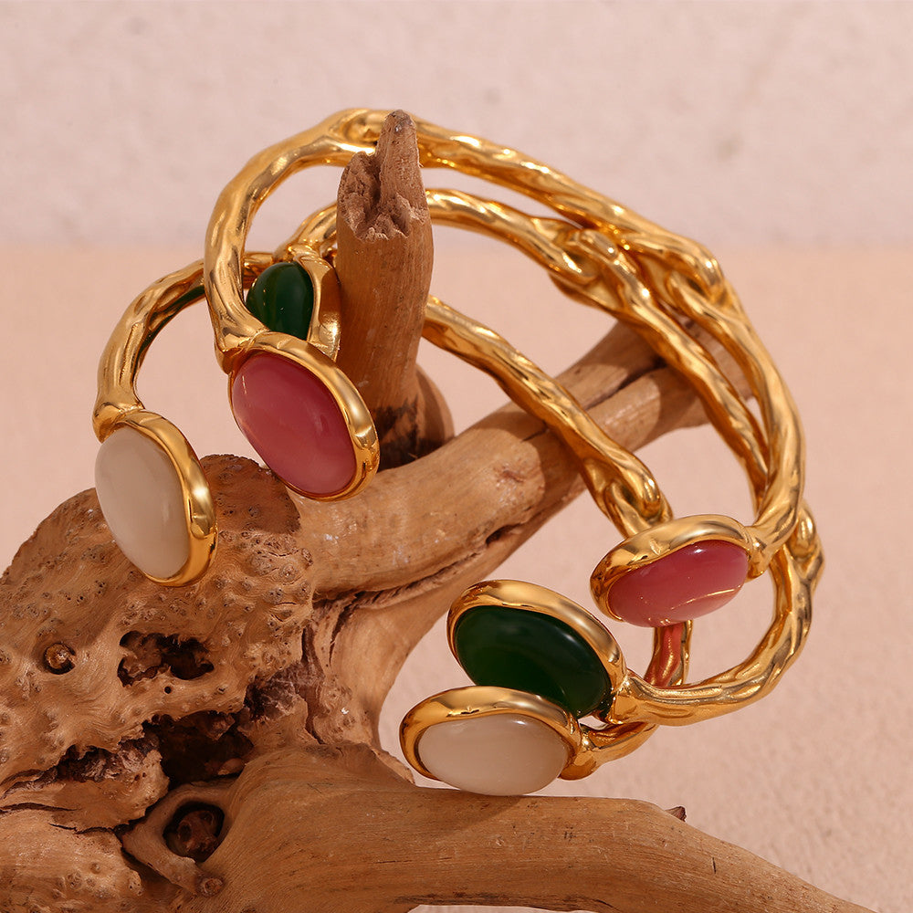 18k Gold Stainless Steel Oval Natural Stone Open Irregular Green Agate Crystal Bracelets