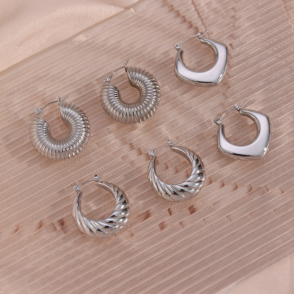 Ladies Silver No Fade Waterproof Stainless Steel Hollow Geometric Round Trapezoid Hoop Earrings