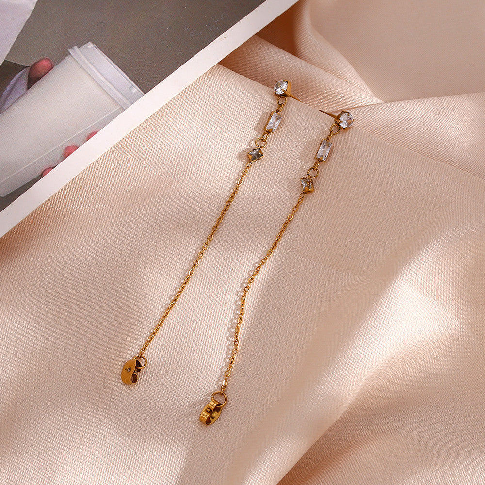 Ladies 18k Bling Micro Paved Rectangle Square Round CZ Stainless Steel Chain Drop Earring