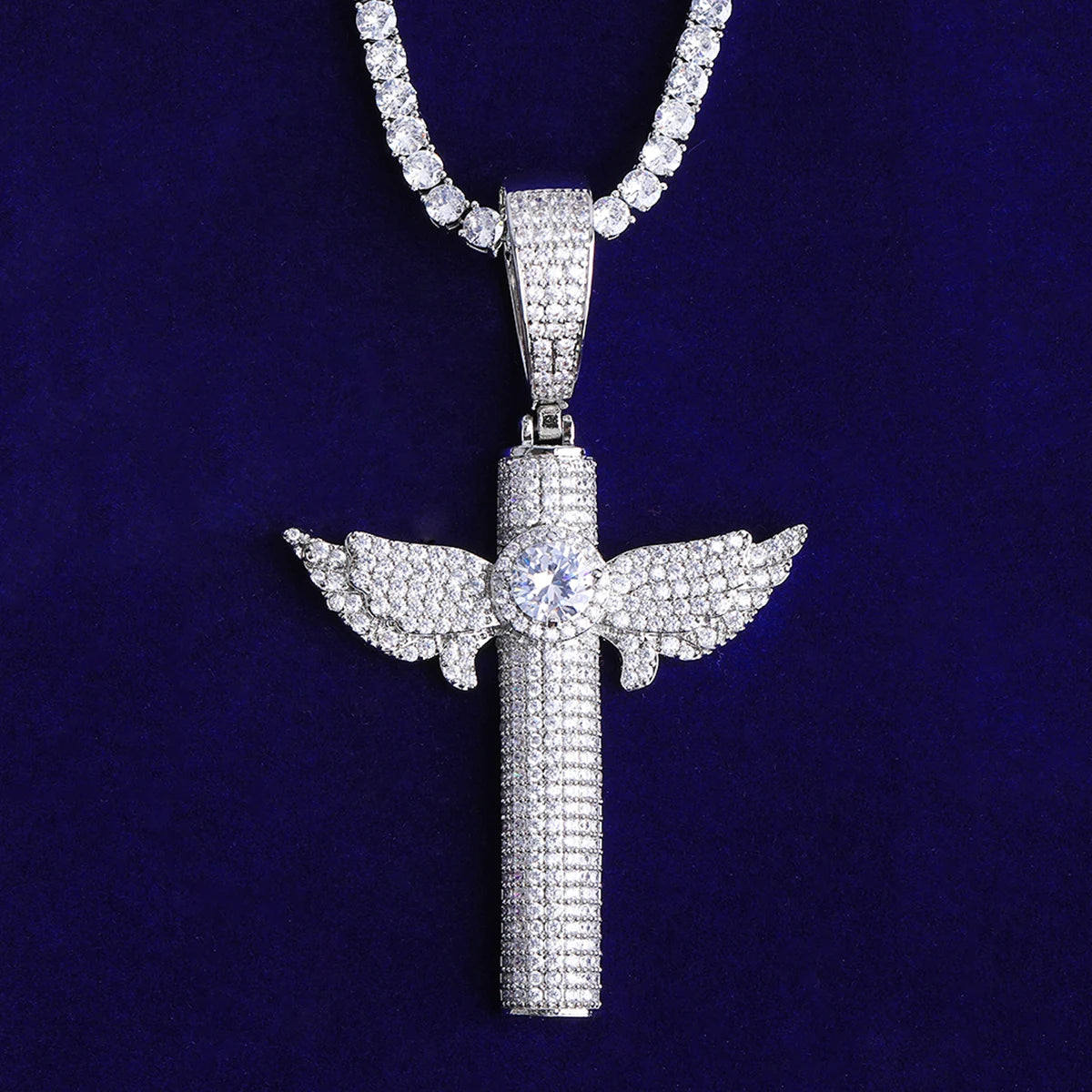 Angelic Cross | Iced Blinged Out 5A+ VVS Diamond Angel Wings Cross Center Stone Pendant