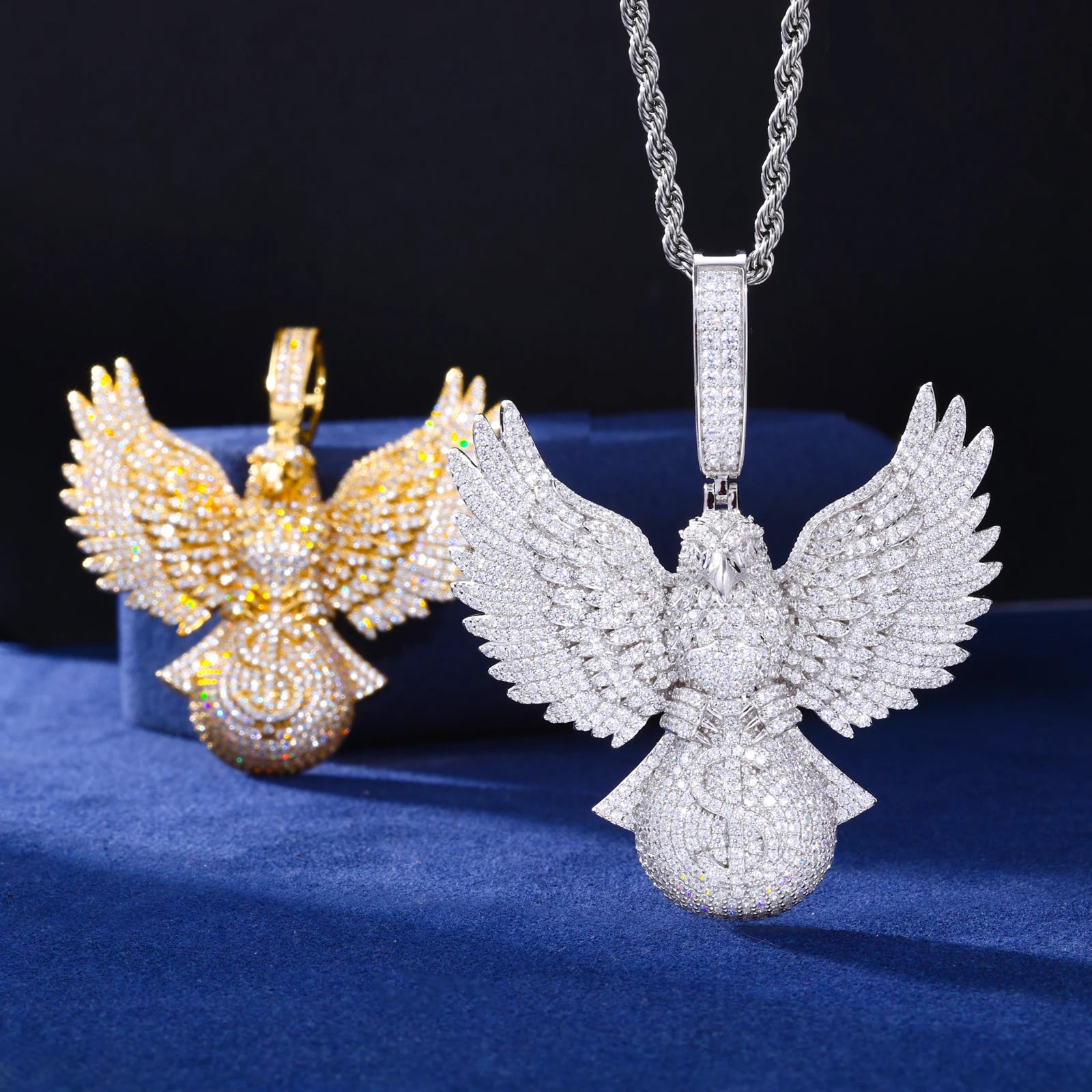 Fly High | Moissanite Diamond 925 Silver Soaring Eagle Holding Money Bag Iced Pendant