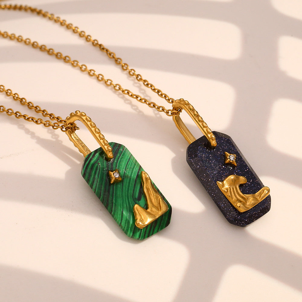 Ladies 18k Gold Stainless Steel Colorful Rectangle Star Lion Pendant No Fade Necklace