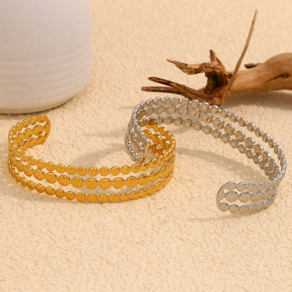 Ladies Classic Style Three Layers Round Cuff 18K Gold Adjustable Waterproof 316L SS Bracelet