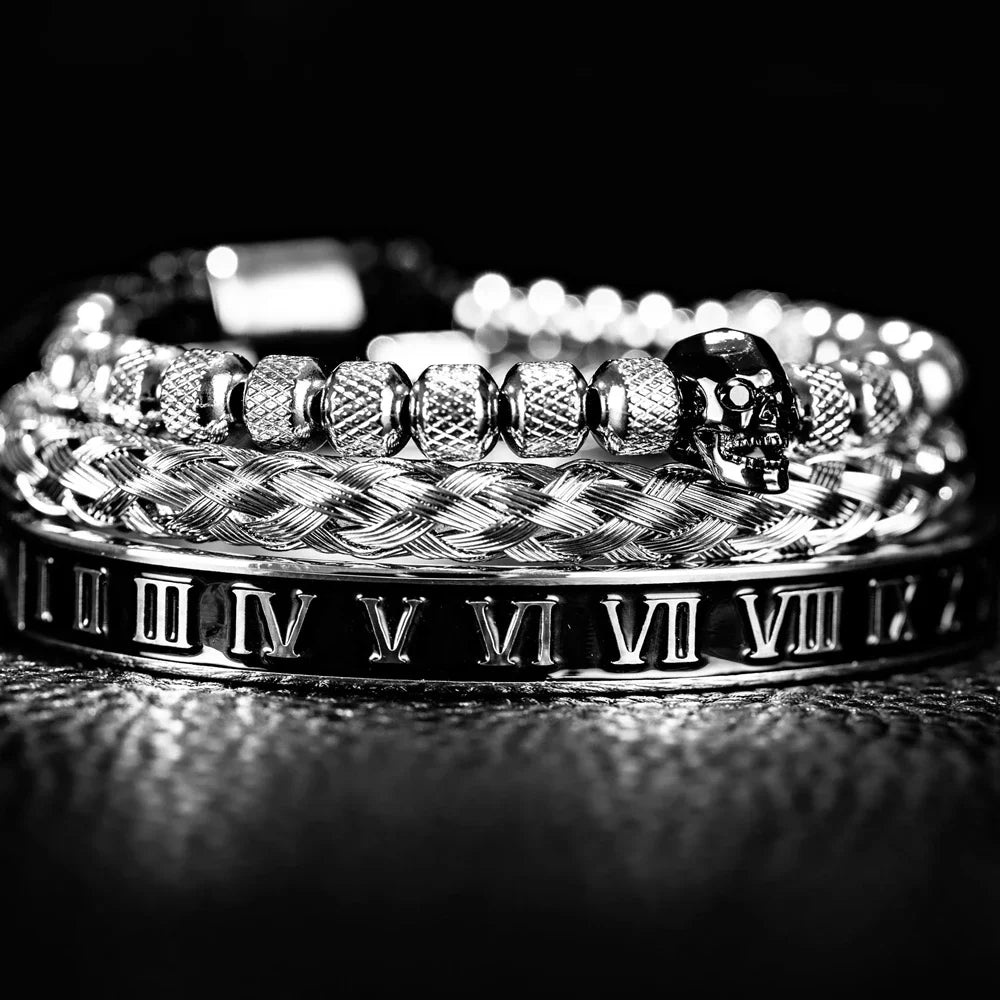 Skull Charm | No Fade Stainless Steel Black Roman Numeral Luxury Men's Bracelets