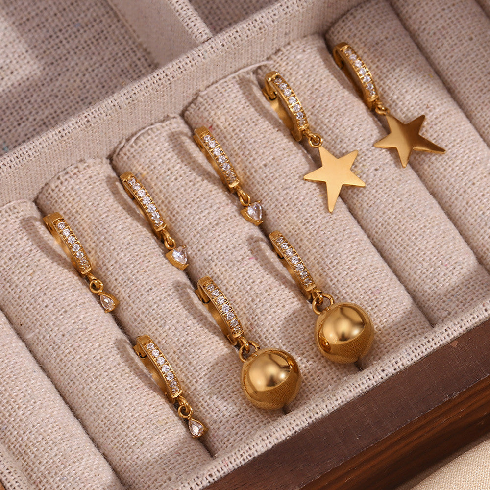 Women's Stainless Steel 18k Gold Water Proof Five pointed Star Tear Drop Heart Earrings