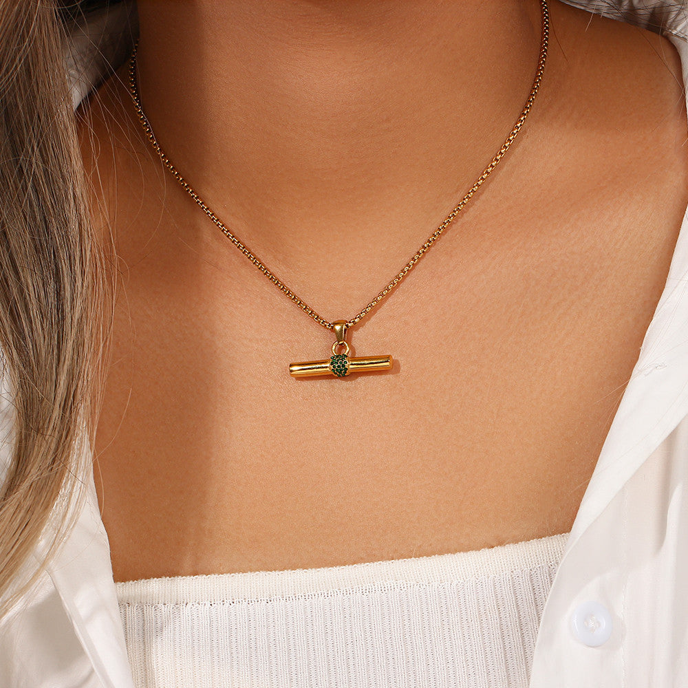 Stainless Steel Green CZ T Bar Pendant Square Pearl 18k Gold Hip Hop Chain Necklace