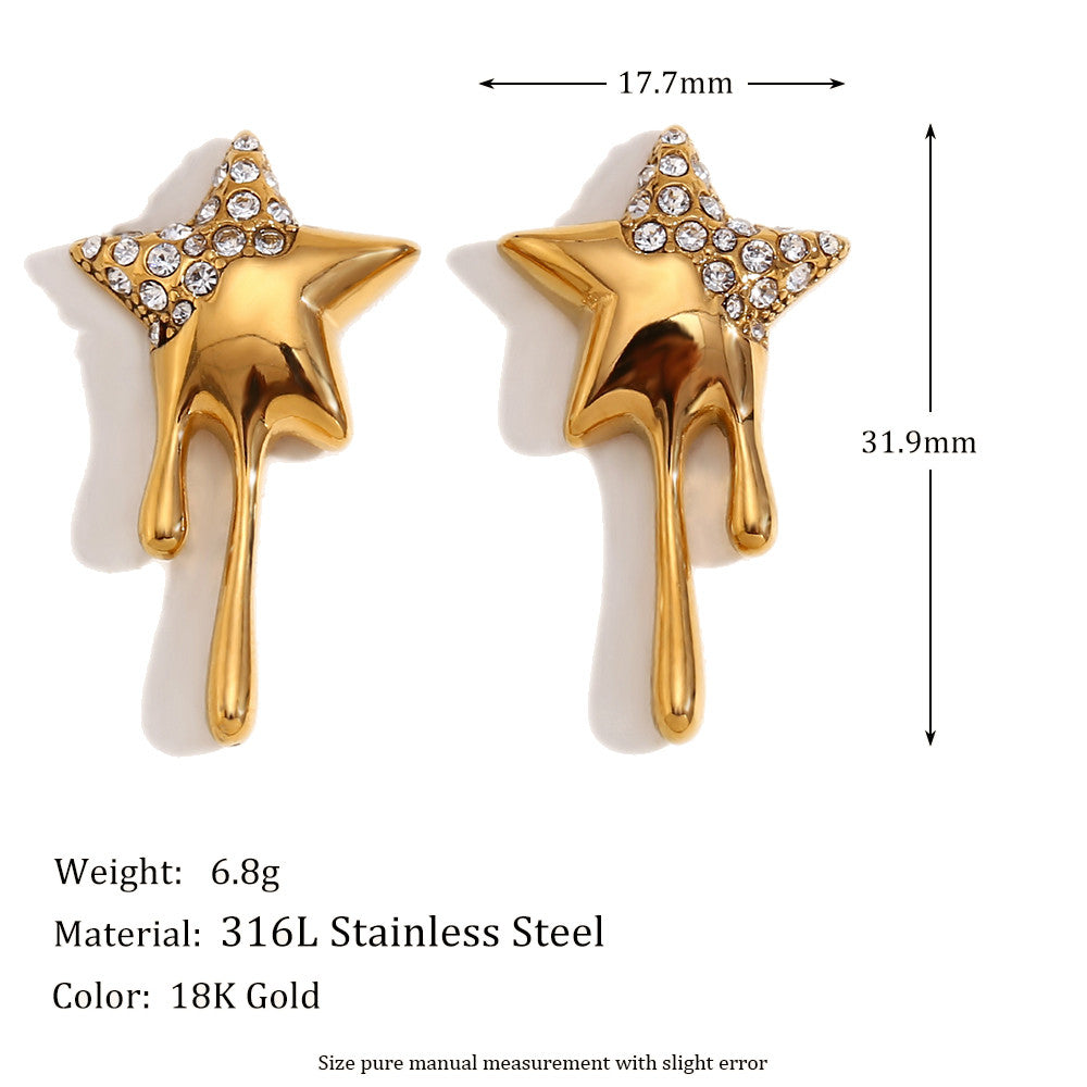 18k Stainless Steel Bling Bling CZ Star Tassel Stud Waterproof Hip Hop Earrings