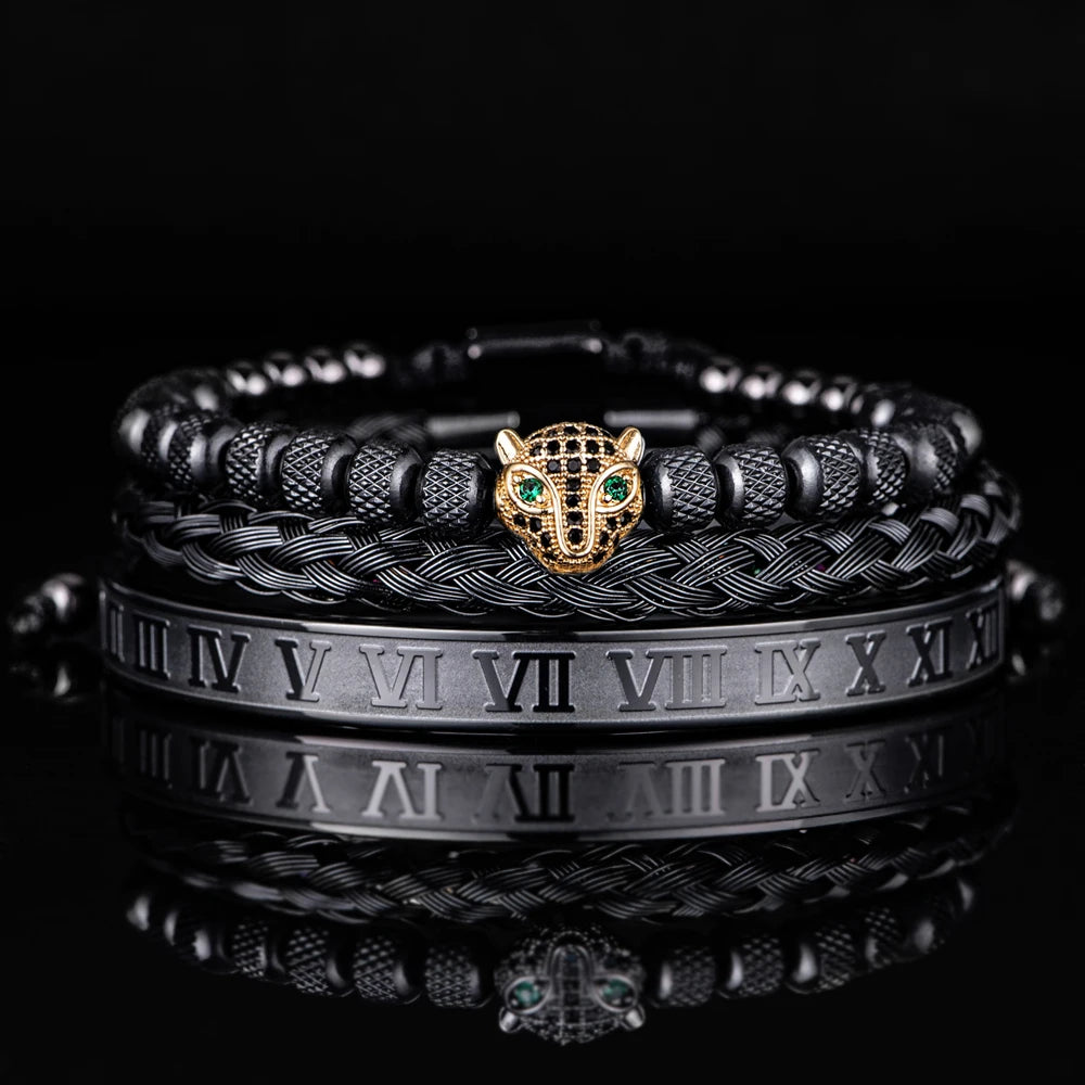 Men&#39;s Luxury Leopard Eye Roman Numeral Bangle VVS Diamond CZ Bling Bracelets