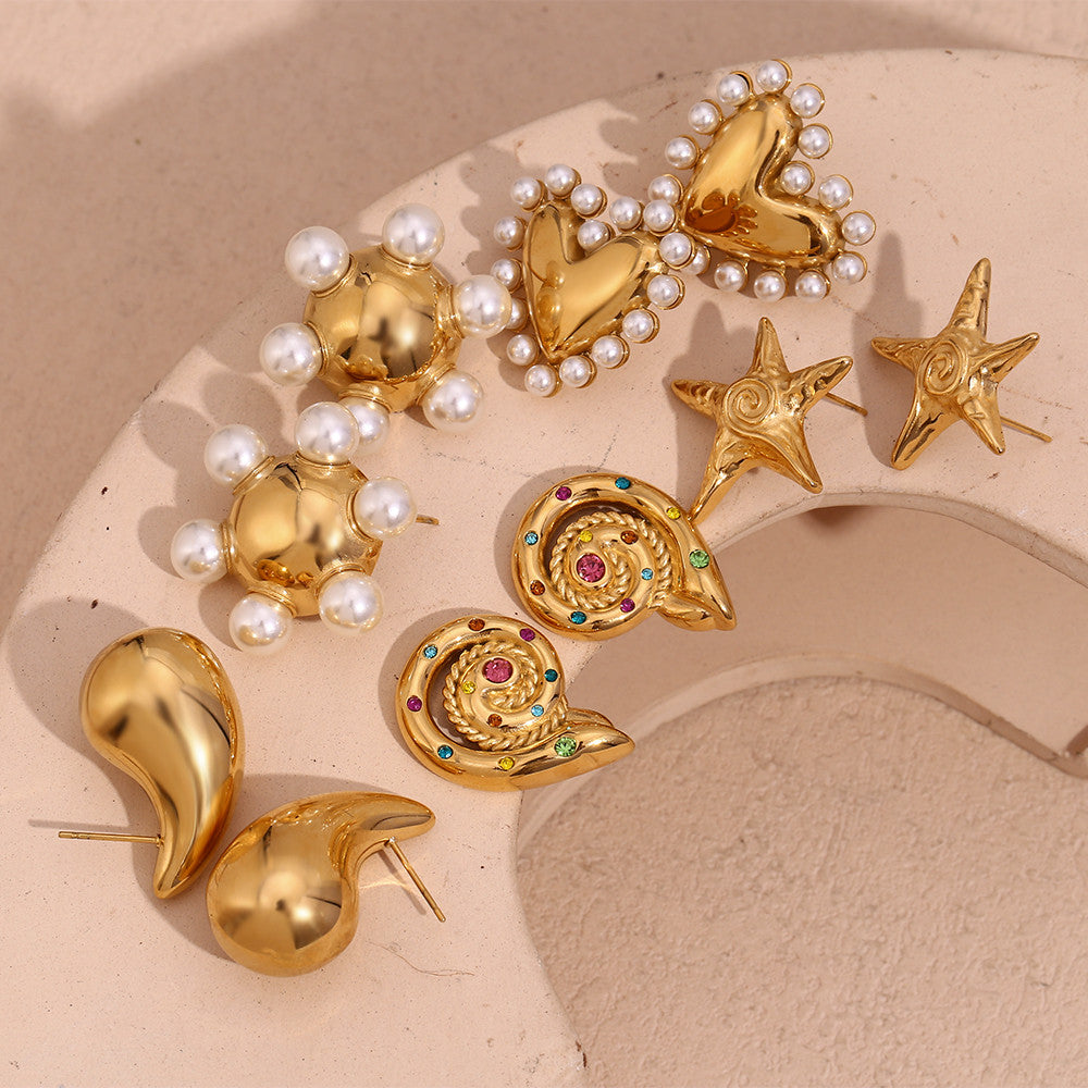 18k Gold Stainless Steel Whirlpool Pentagonal Star Shell Hollow Pearl Earrings