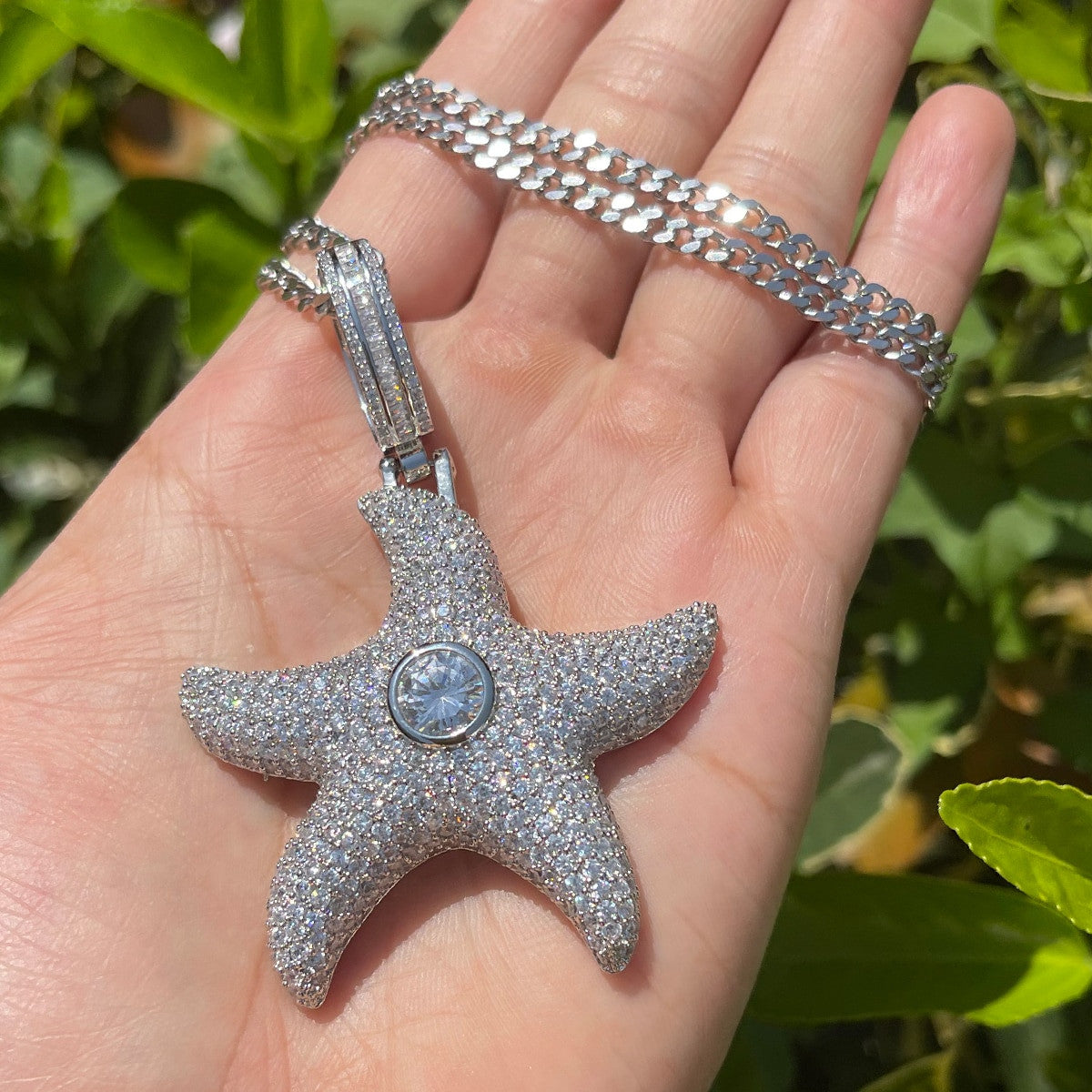 Center Stone Superstar Starfish Flooded Ice Streetwear Hip Hop Pendant Chain Necklaces