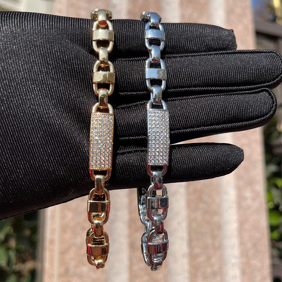 Mens 8mm Square Cluster Stone Swag Lock 24k 925 Silver Hip Hop Bracelet