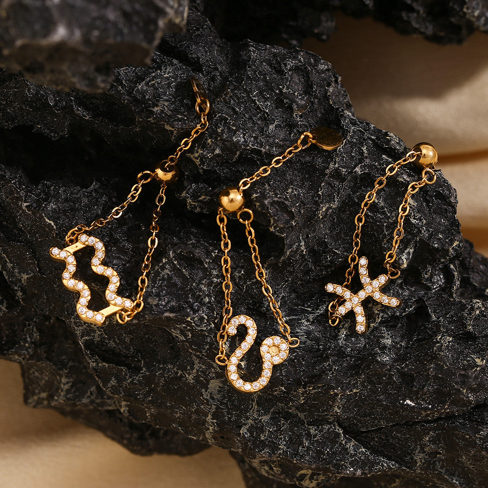 Ladies Waterproof 18k Gold Stainless Steel 12 Constellation Bling Adjustable Zodiac Rings