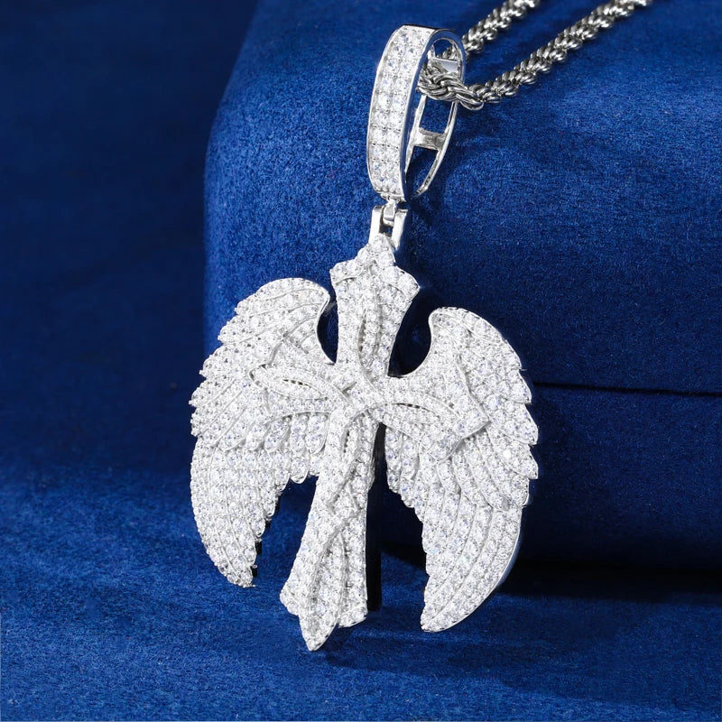 Wings Of Love | Iced Blinged Out 925 Sterling Silver Winged Cross Hip Hop Moissanite Pendant