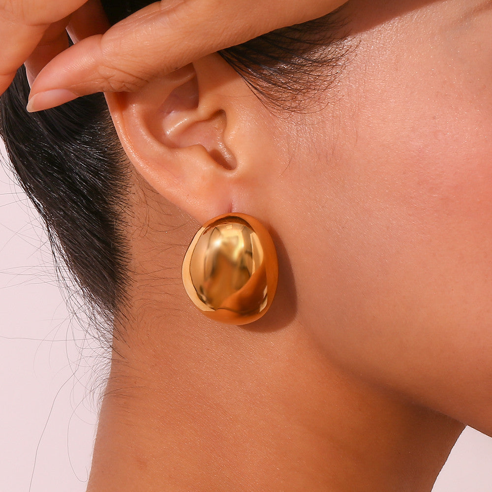 Ladies 18k Gold Waterproof Smooth Exaggerated Round Stone Shaped Earrings
