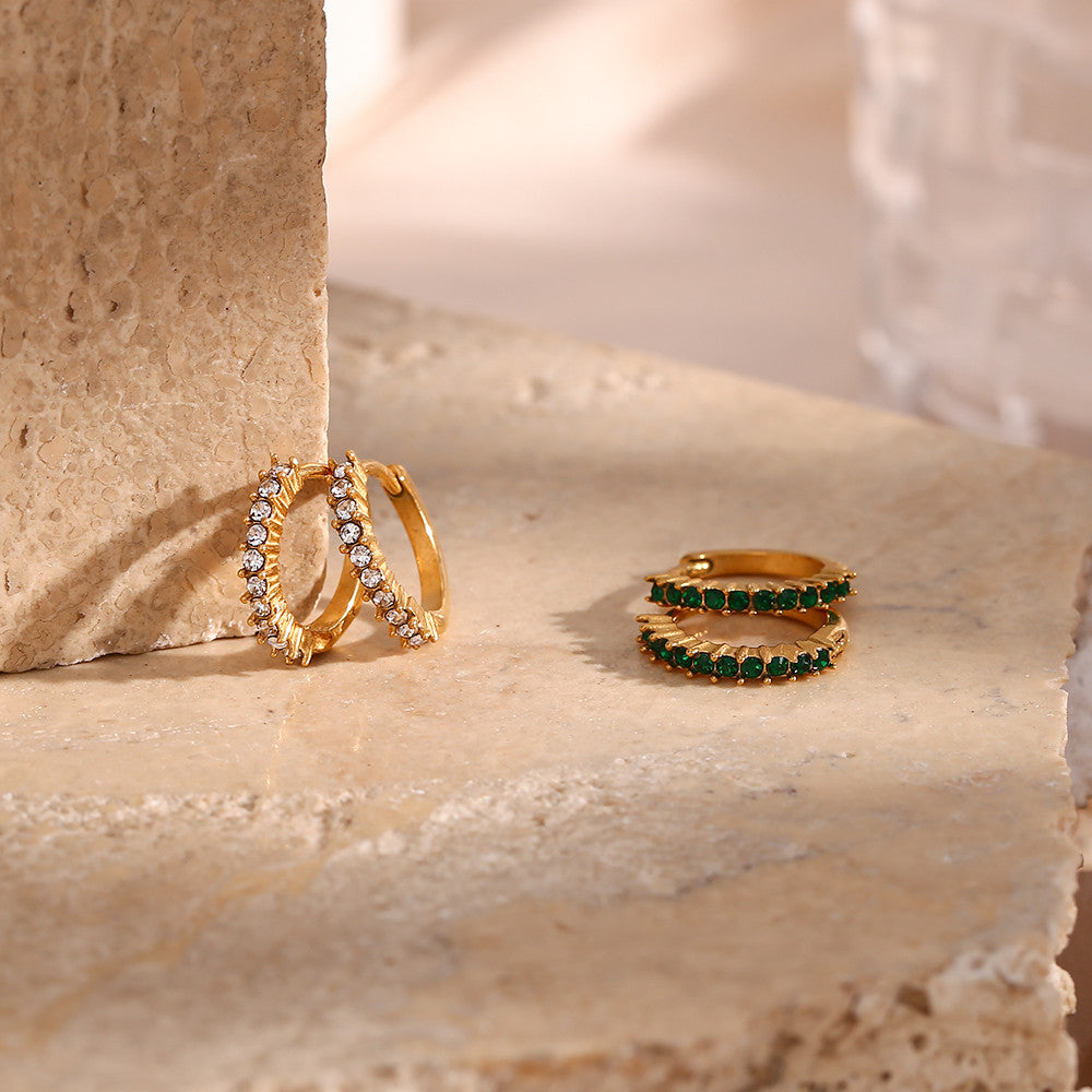 18k Gold over Stianless Steel Waterproof Green Round CZ Paved Huggie Hoop Earrings