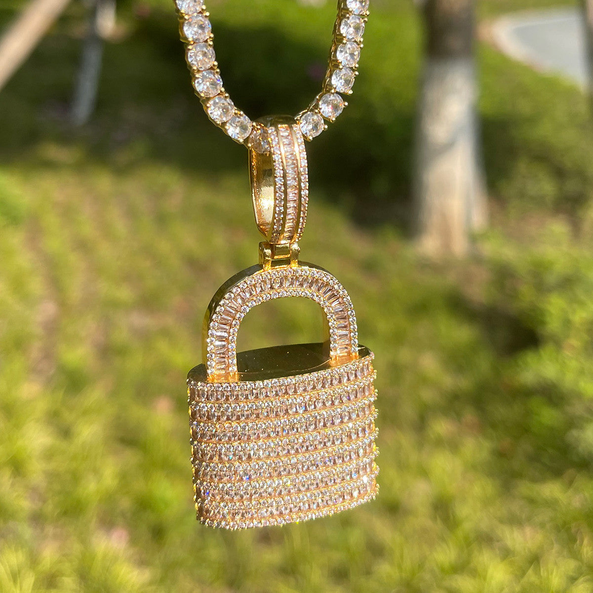 Lock Down | 24k Gold 3D VVS Diamond CZ Baguette Deadbolt Hip Hop Pendant