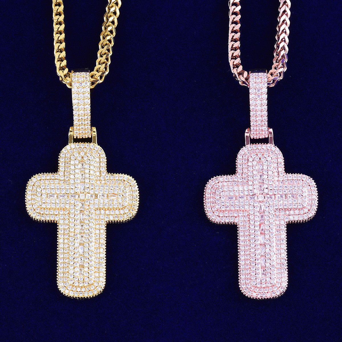 Two Layer Cross | VVS Diamond CZ Stone 24k 925 Silver Rose Gold Iced Baguette Cross Pendant