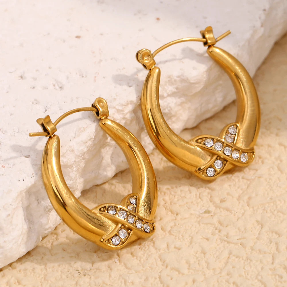 18k Gold Stainless Steel Designer Luxury Crossing X Rhinestone Hoop Bling Earrings