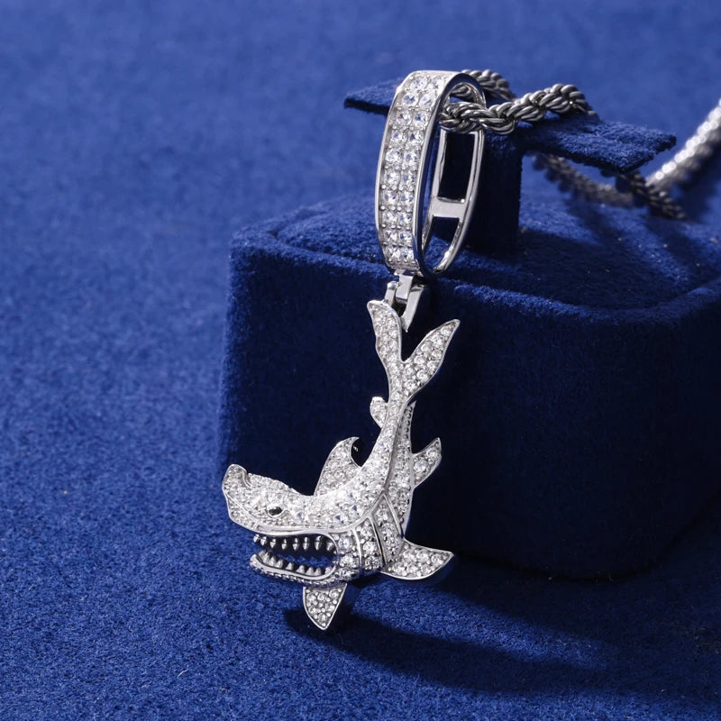 Shark Out Of Water | 925 Solid Silver Moissanite Diamond Shark Attack Hip Hop Pendant