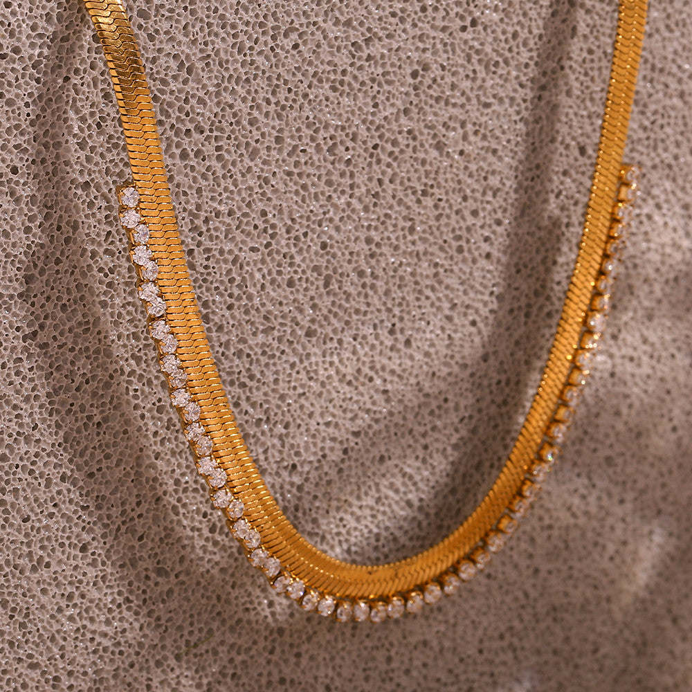VVS Herringbone | Women's 18k Gold over Stainless Steel Diamond CZ Herringbone Chain Necklaces