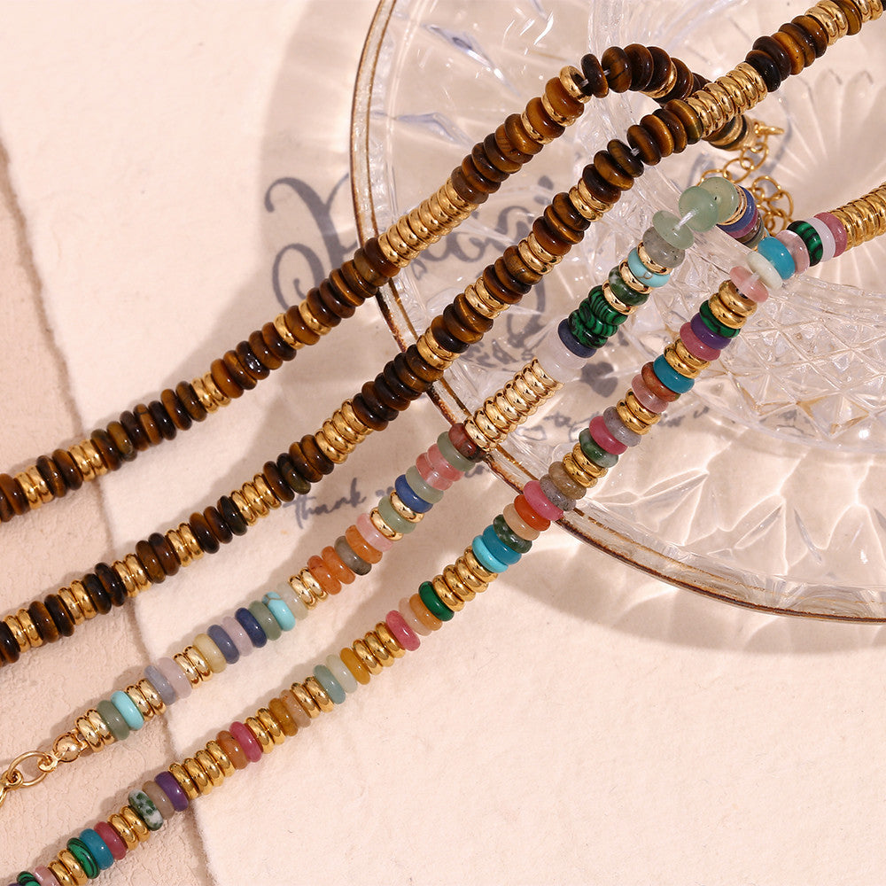 18k Gold Stainless Steel Natural Stone Tiger Eye Necklace Bracelet Jewelry Set