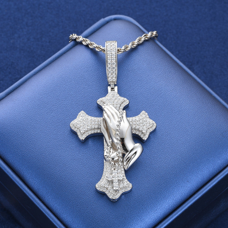 The Power Of Prayer | Solid 925 Silver Prayer Hands Cross Moissanite Diamond Hip Hop Pendant