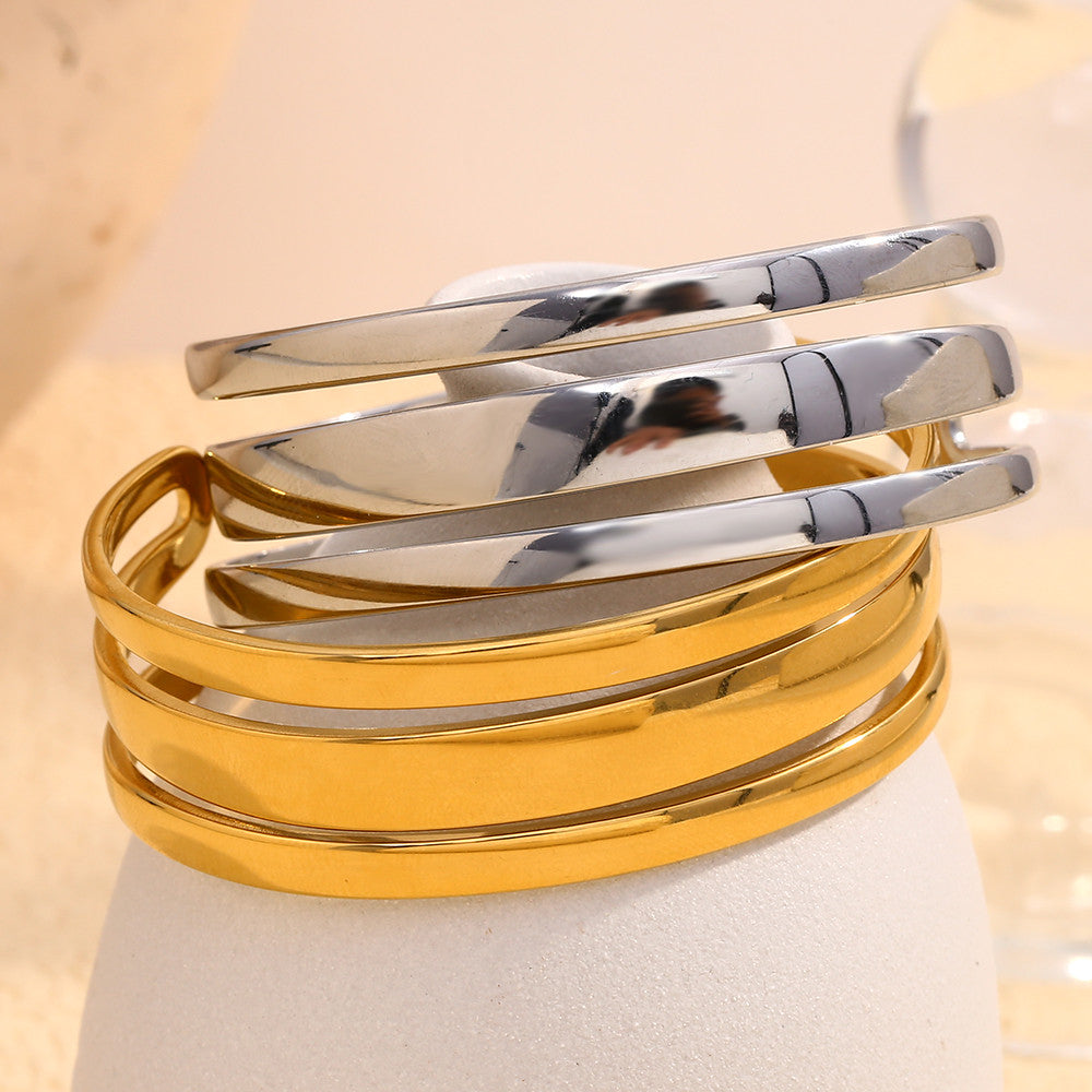 Ladies 18k Gold Stainless Steel Waterproof Wide Face Three Layer Bracelet