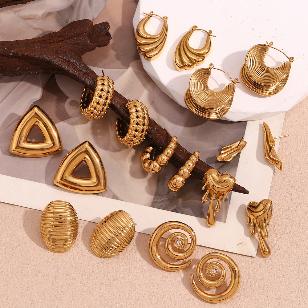 Ladies 18k Gold Stainless Steel Waterproof CZ Assortment Wave Sea Shell High Fashion Earrings
