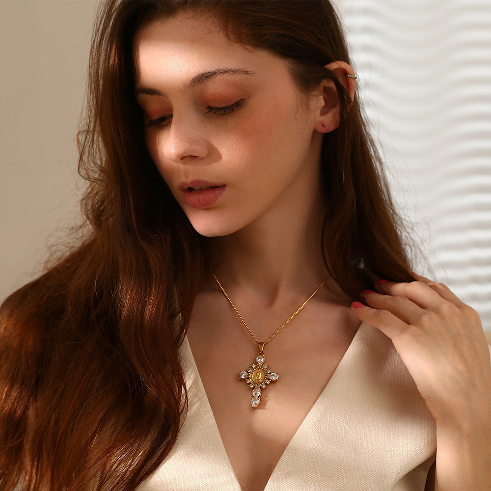 18k Gold Solid Stainless Steel Waterproof Virgin Mary Cross Pendant Necklace 