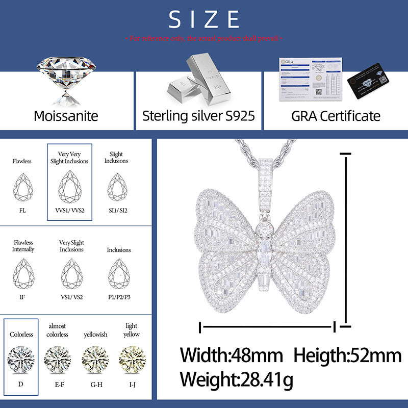 Iced Blinged Out Moissanite Diamond Sterling Silver Butterfly Hip Hop Pendant Necklaces