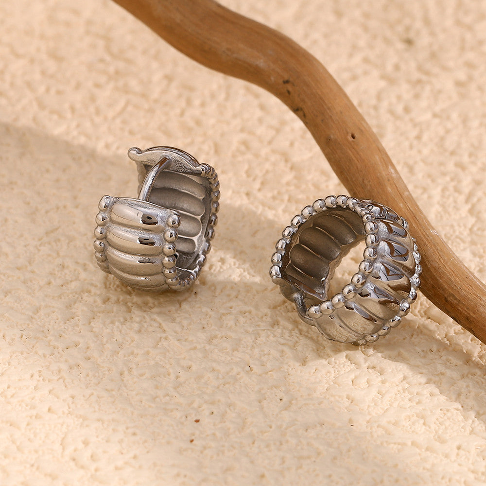 Ladies Beads Edge 18k Gold Stainless Steel Thread Pattern Round Hoop Earrings