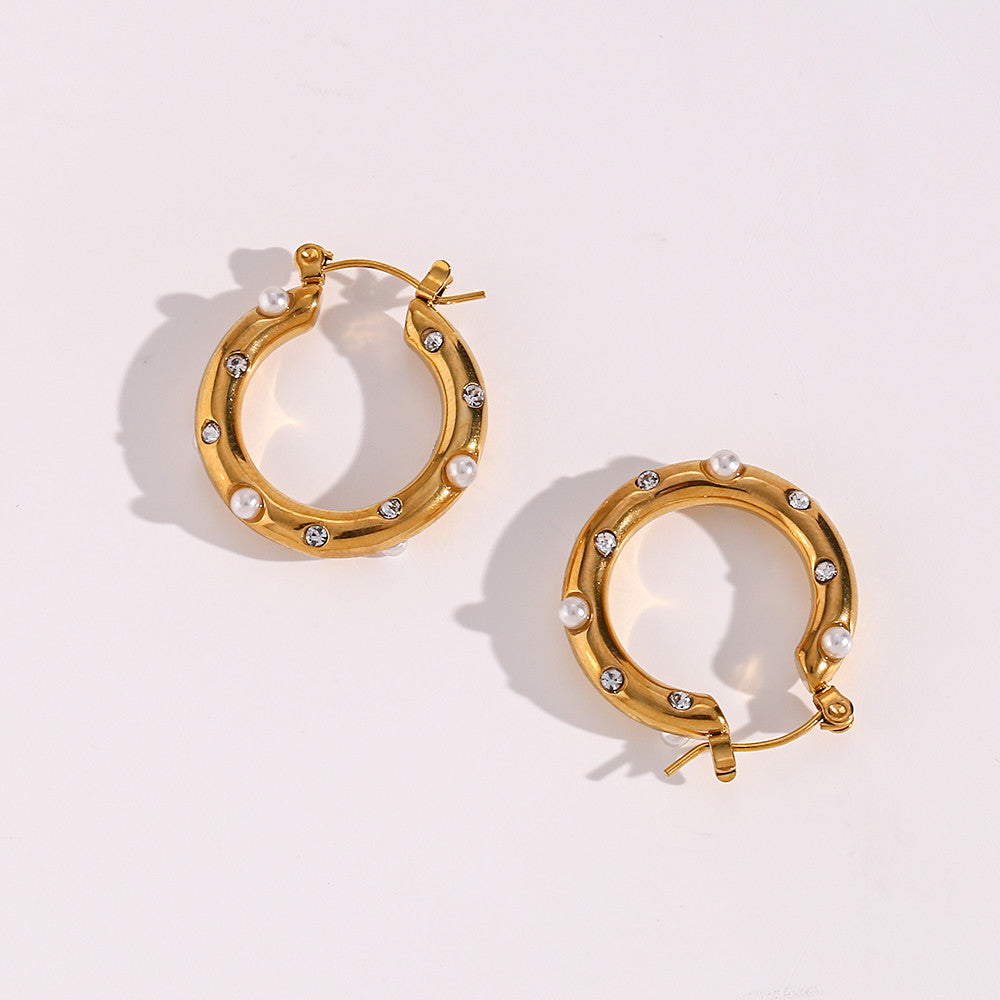 Waterproof 18k Gold  Colorful CZ Stone Pearl Paved Chunky 25MM Medium Size Hoop Earrings