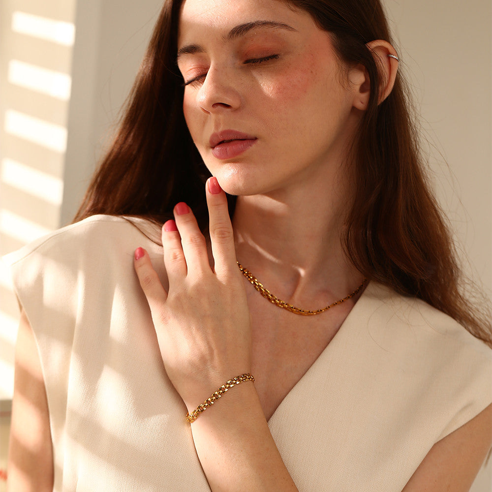 Ladies 18k Gold Stainless Steep Square Handmade Waterproof Chain Bracelet