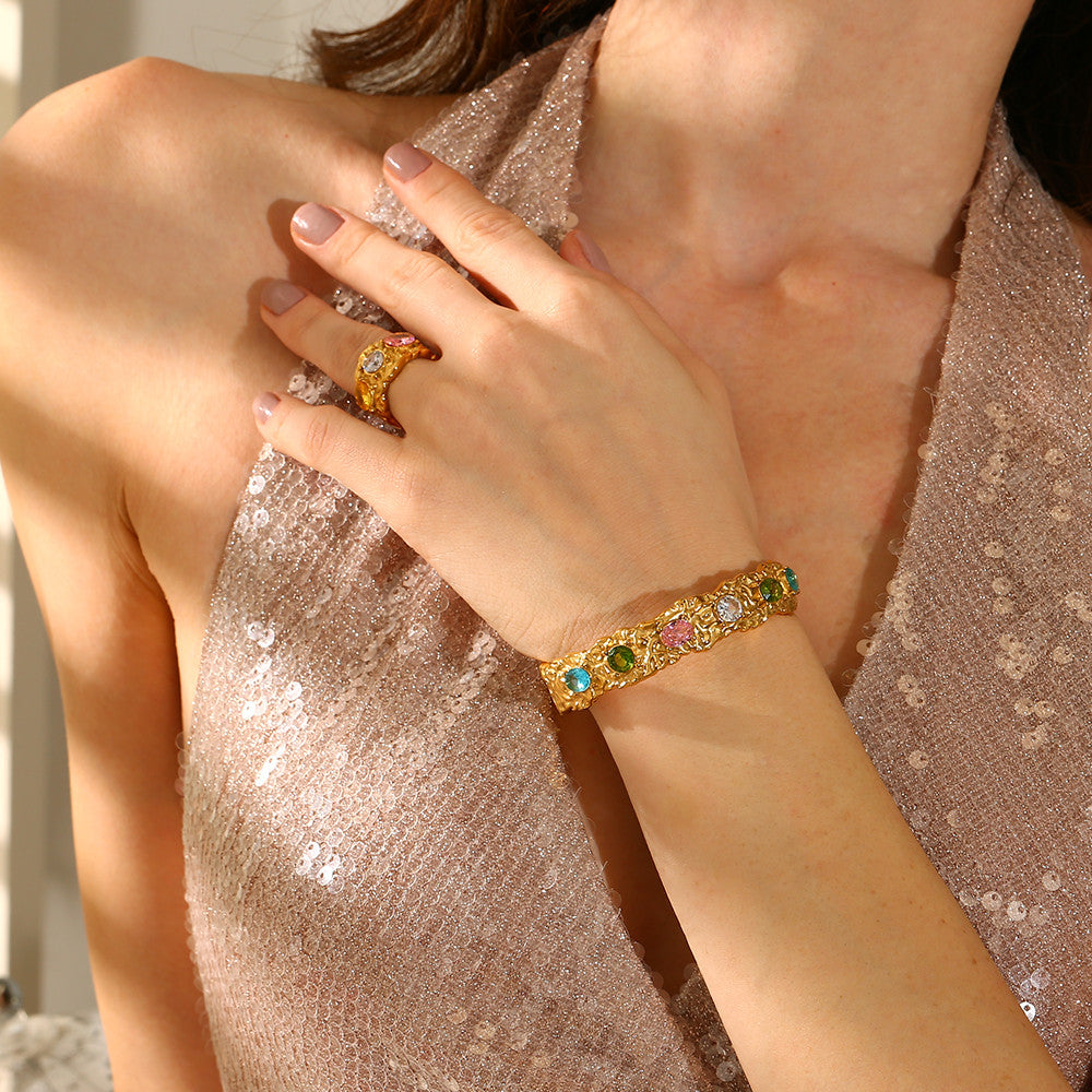 18k Gold Waterproof Irregular Colorful CZ Stainless Steel Bracelet Earring Ring Jewelry Set