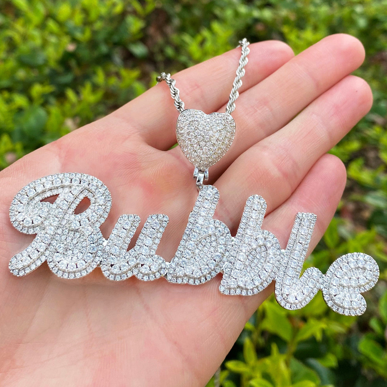 Heart Bail | VVS Diamond CZ Cluster Stone 24k 925 Silver Rose Gold Script Name Plate Pendant