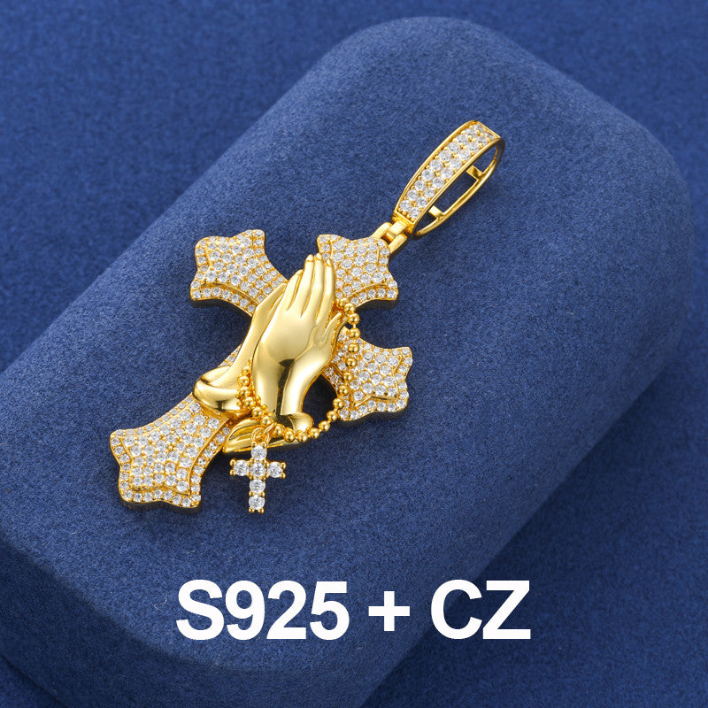 The Power Of Prayer | Solid 925 Silver Prayer Hands Cross Moissanite Diamond Hip Hop Pendant