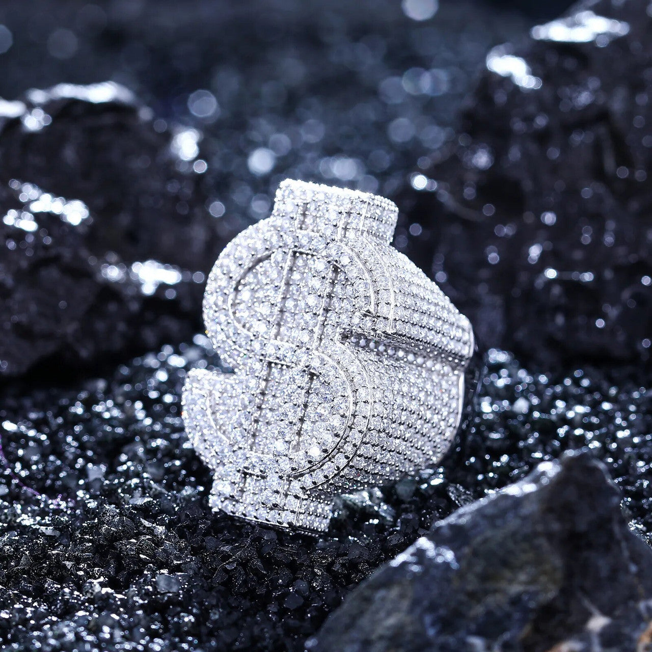 Genuine VVS Diamond Cash Money Dollar Sign Solid Sterling Silver Hip Hop Rings