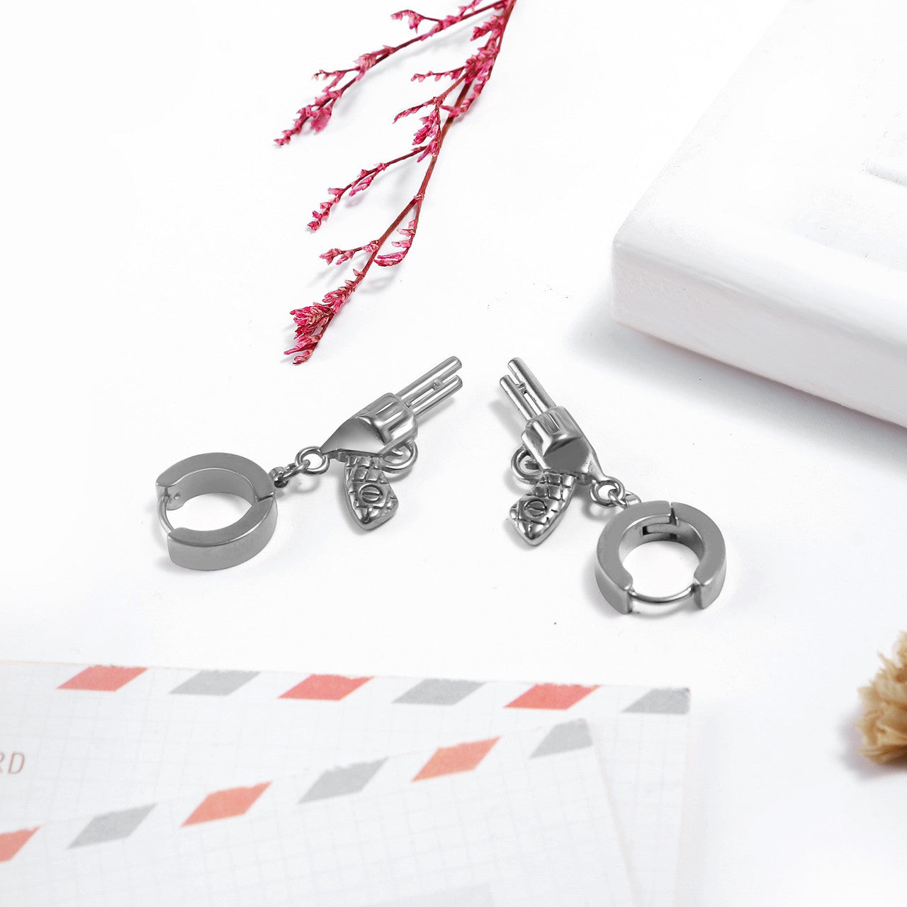 14k Gold Silver Black Over No Fade Stainless Steel Pistol Gun Hip Hop Huggie Earrings